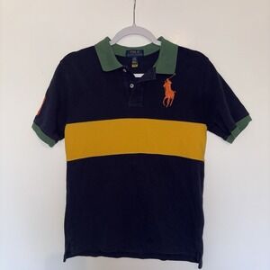 Polo Ralph Lauren Kids Navy Yellow Green Striped Rugby Polo Shirt Size L 14-16